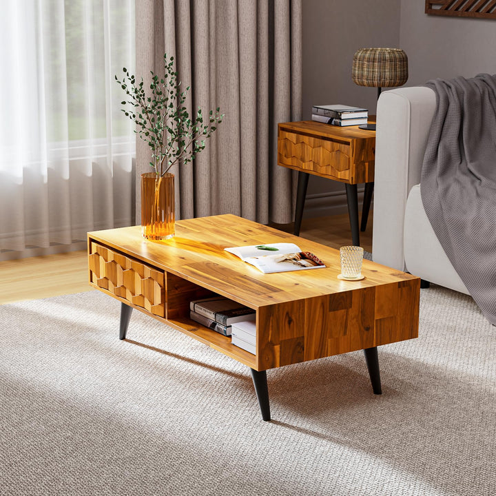 Georgina 2-drawer coffee table with teak brown finish and living room table for sofa-side placement
