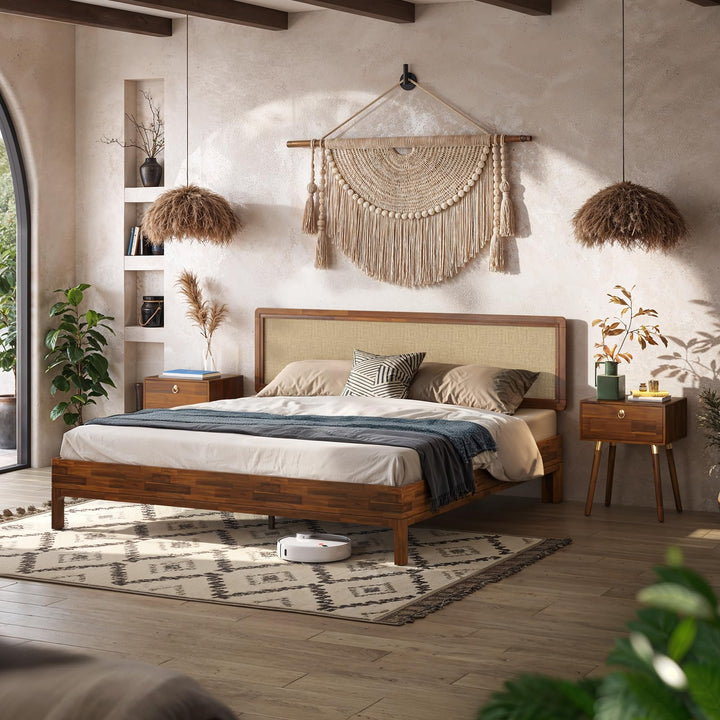 Nipe king platform bed frame, featuring headboard, solid acacia wood, and dark chocolate finish, for a platform bed setup