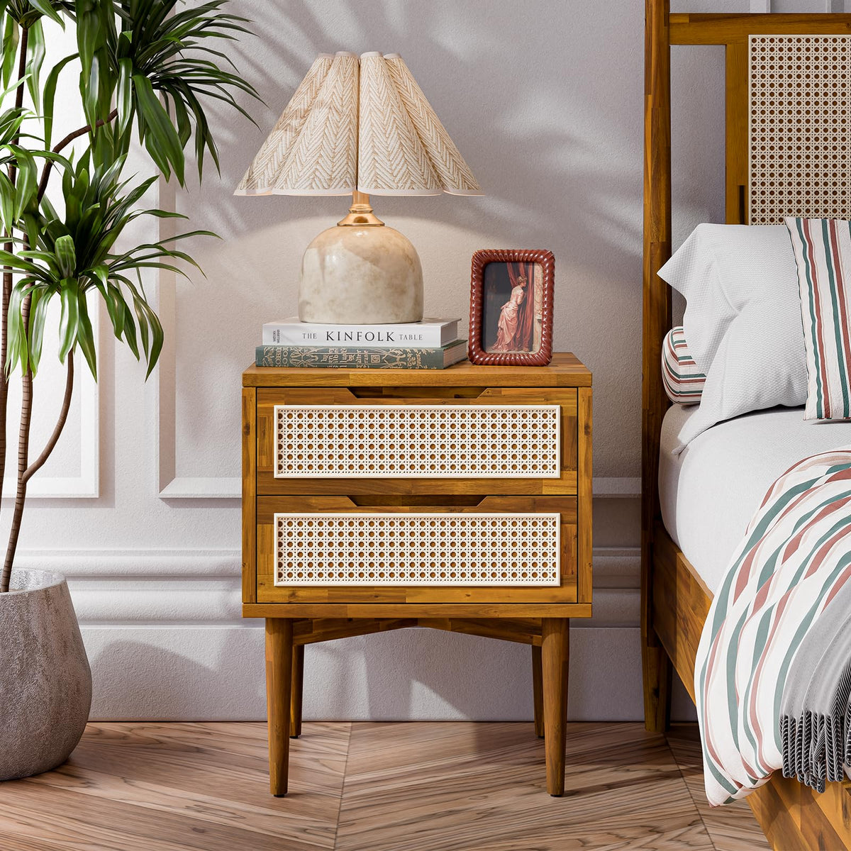 Oliver 2-drawer nightstand with caramel finish and bedside storage for bedside storage