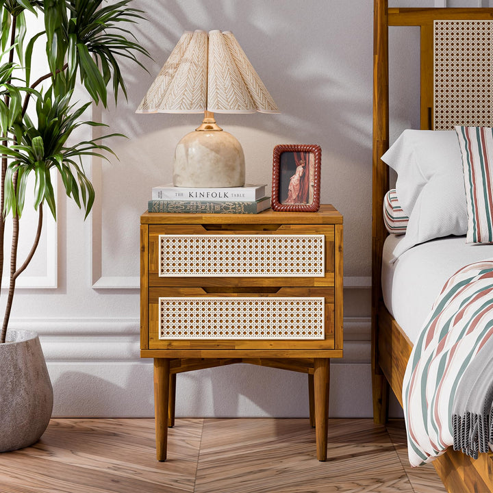 Oliver 2-drawer nightstand with caramel finish and bedside storage for bedside storage