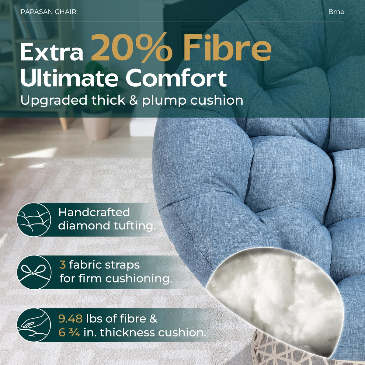 Papasan chair with serene oasis cushion and white frame; for relaxation