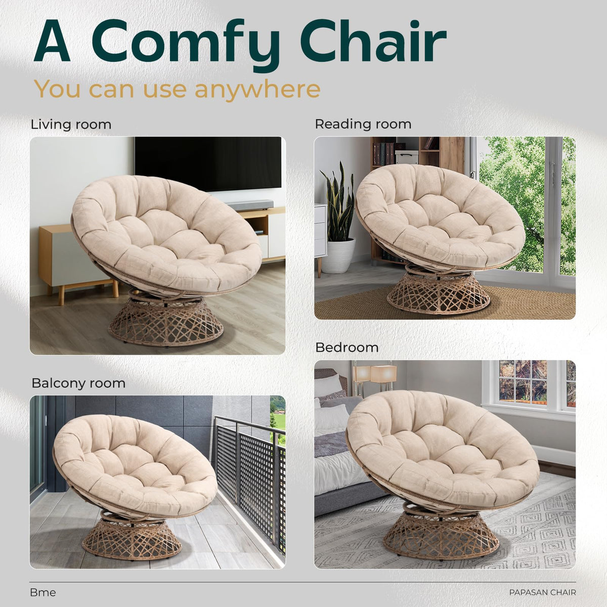 Metal oversized swivel papasan chair designed with beige cushion, brown frame, and oversized swivel design for indoor