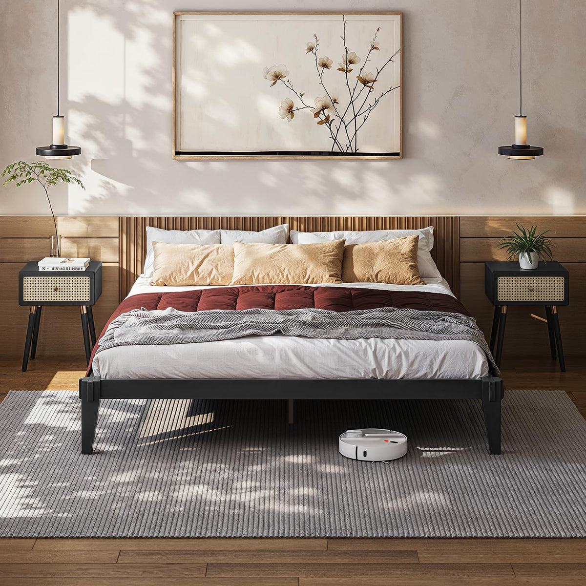 Chalipa king platform bed frame with headboard- design and black finish for bedroom setup