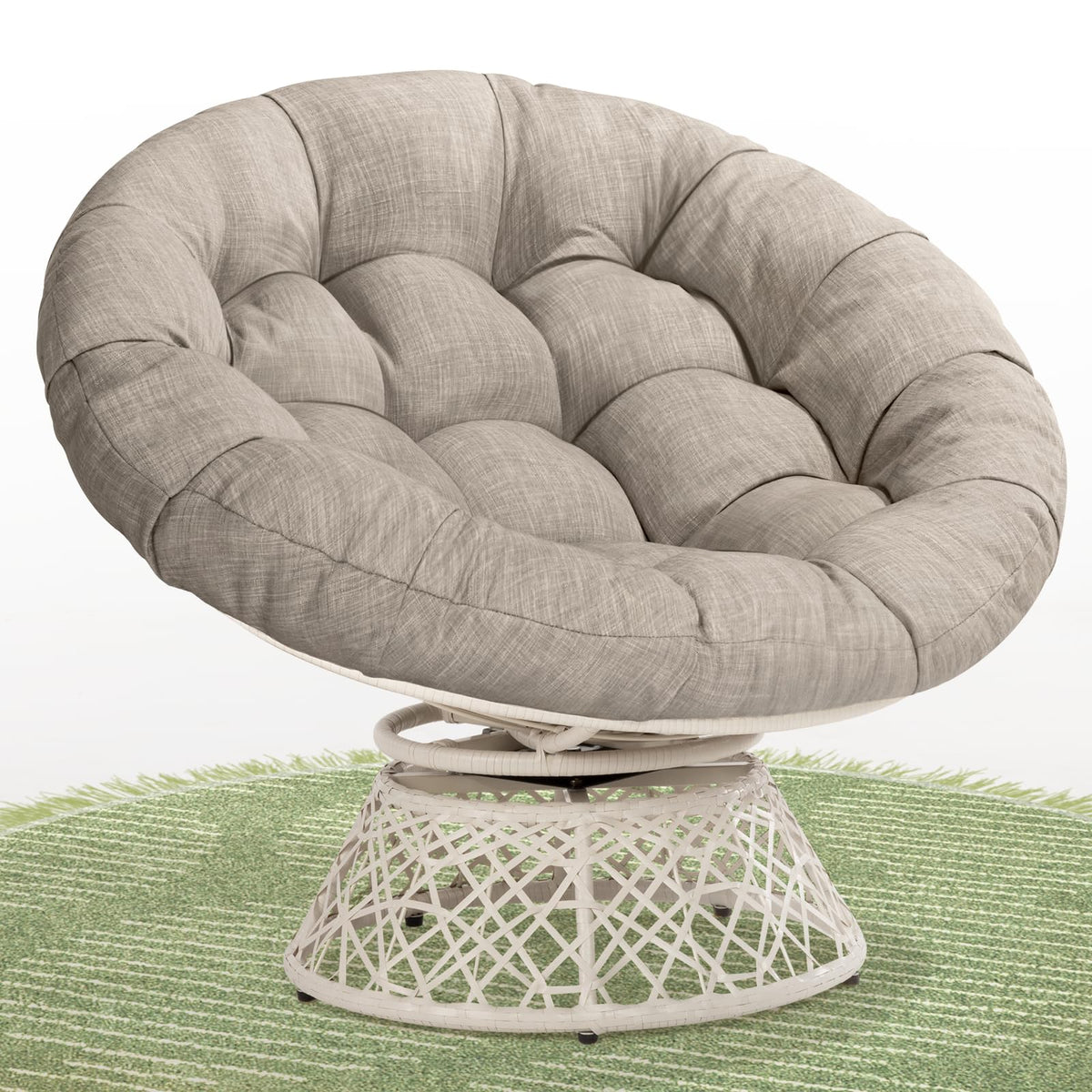 Papasan chair with silver cloud cushion and white frame for indoor lounge seating