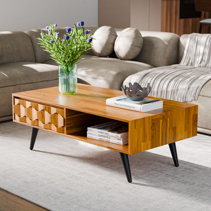 Georgina 2-drawer coffee table with teak brown finish and living room table for living room use