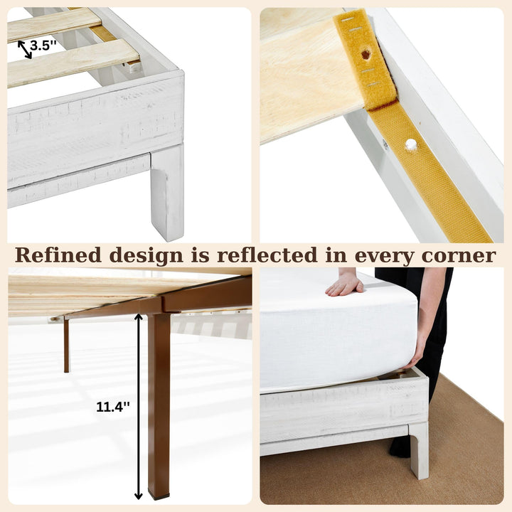Vivian king platform bed frame, featuring headboard, acacia wood, and rustic white finish, for a platform bed setup