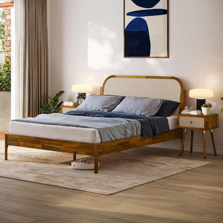 Aurelia queen platform bed frame with caramel finish; for sleep-space furnishing