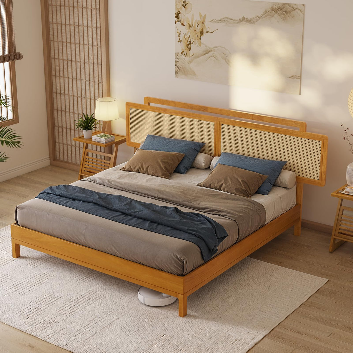 Neil king platform bed frame with teak brown finish; for sleep-space furnishing