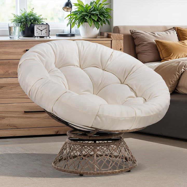 Papasan chair with arctic snow cushion and brown frame for indoor lounge seating
