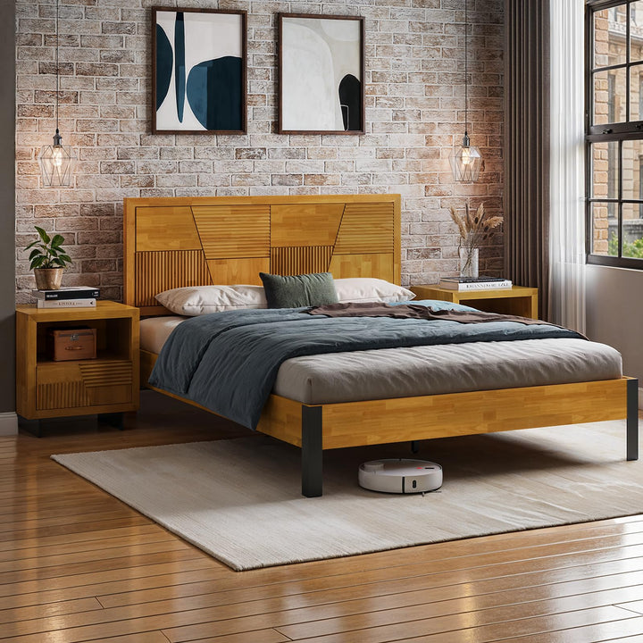Trapeze queen platform bed frame, featuring teak brown finish, for a platform bed setup