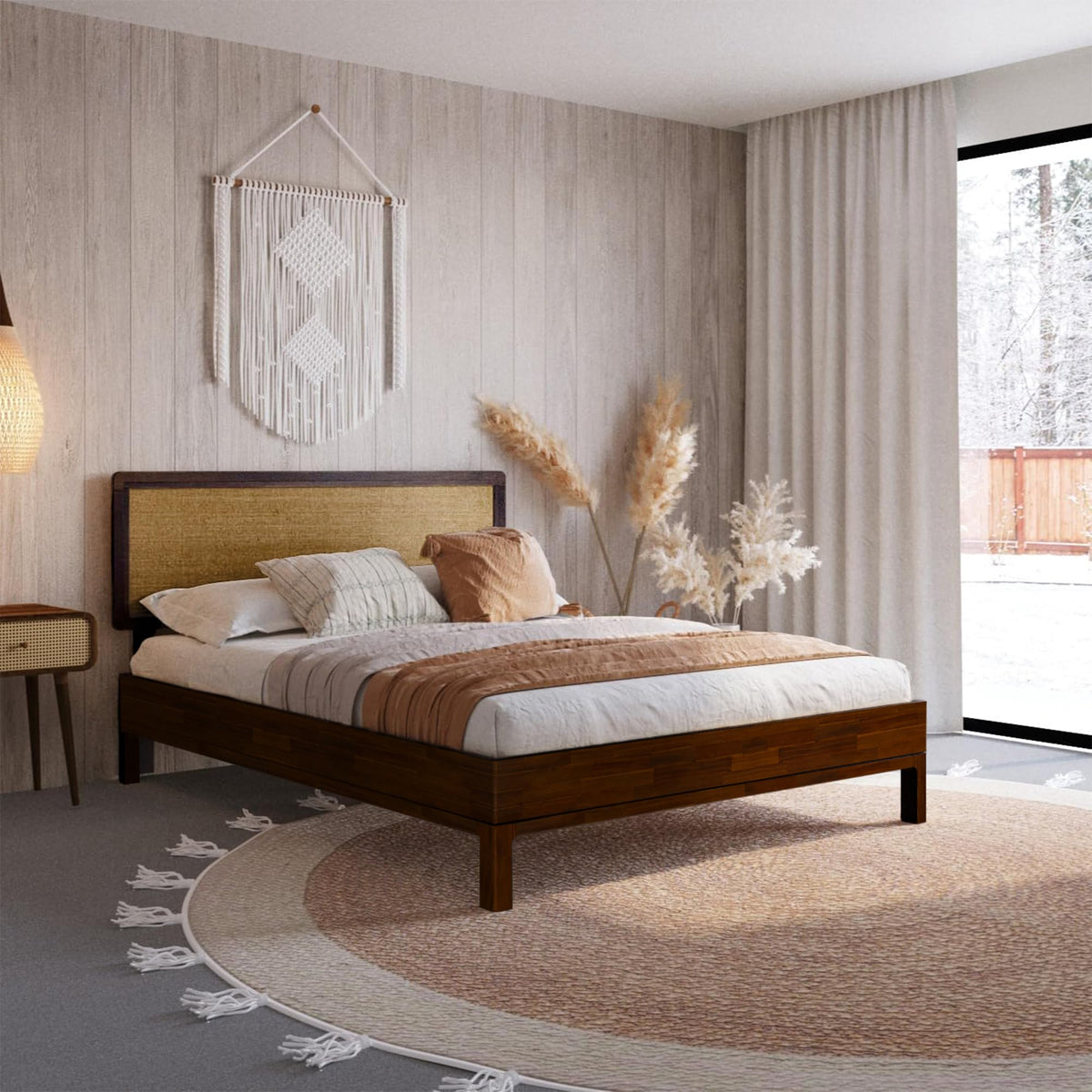 Nipe king platform bed frame, featuring headboard and walnut finish, for a platform bed setup