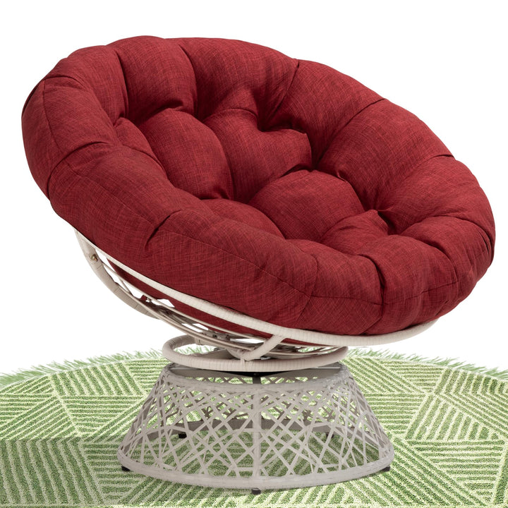 Papasan chair with cherry sangria cushion and white frame for indoor lounge seating