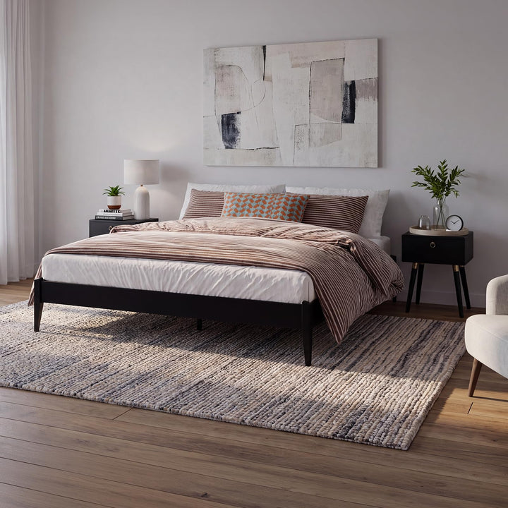 Dinkee king platform bed frame with headboard- design and black finish for a complete bed arrangement