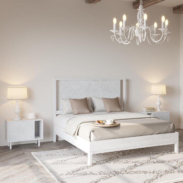 Ethan queen platform bed frame with headboard and rustic white finish; for sleep-space furnishing
