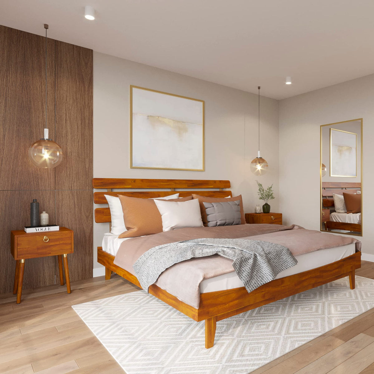 Caden king platform bed frame, featuring headboard and caramel finish, for daily bedroom use