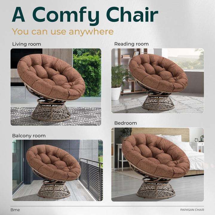 Papasan chair with cinnamon mocha cushion and brown frame for casual indoor seating