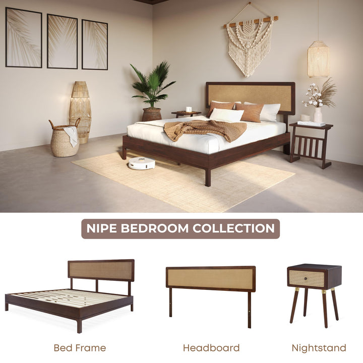 Nipe queen platform bed frame with headboard and walnut finish; for sleep-space furnishing