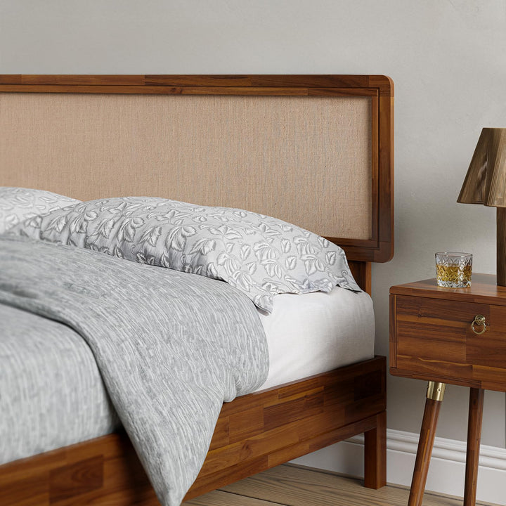 Nipe queen platform bed frame designed with headboard, solid acacia wood, and dark chocolate finish for sleep space