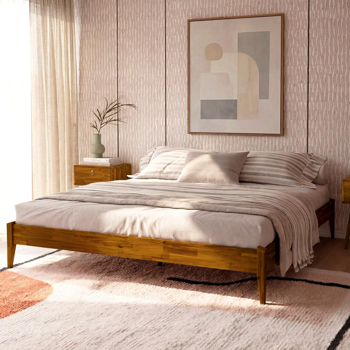Dinkee king platform bed frame with headboard- design and caramel finish; for bedroom furniture