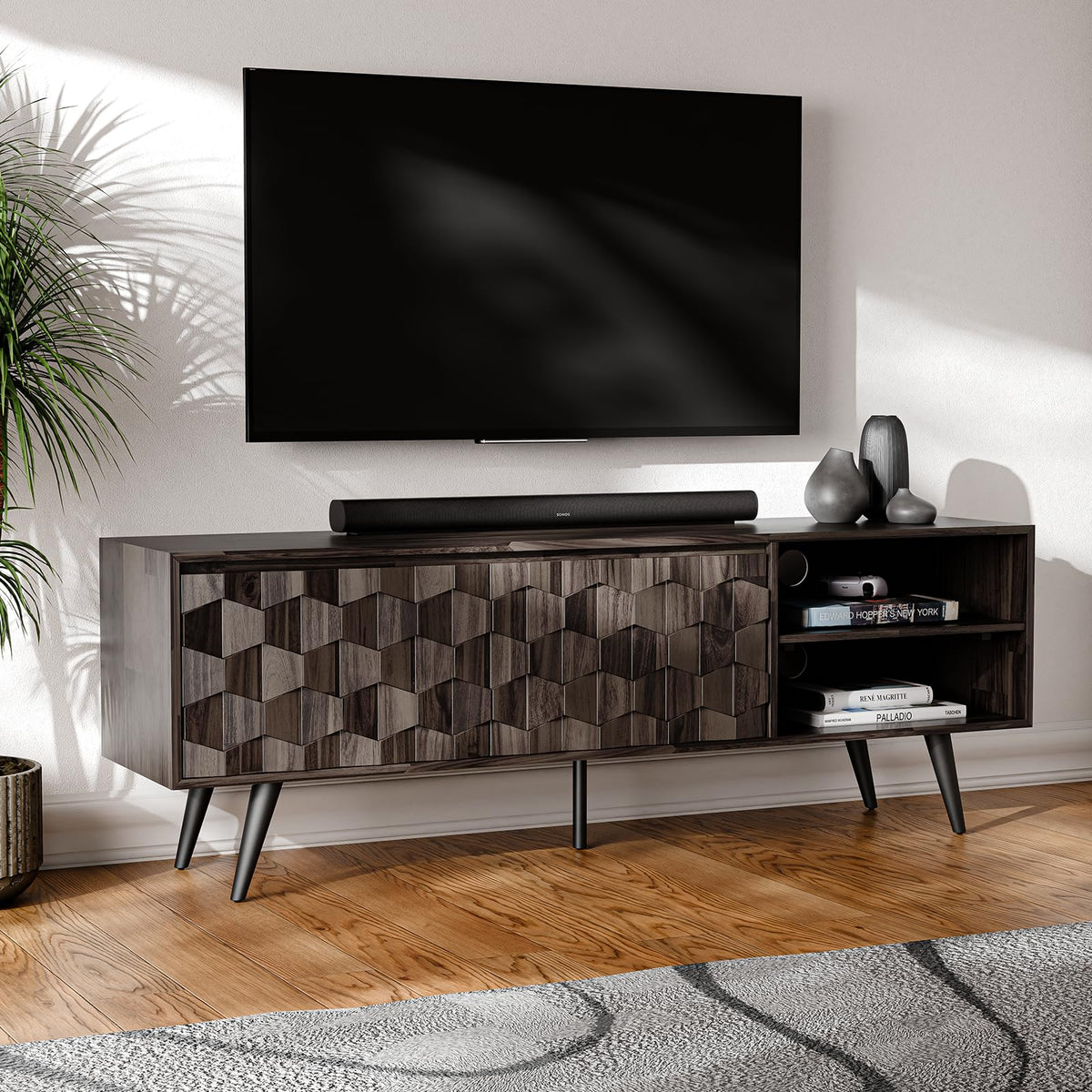 Georgina TV stand with 65-inch design, 2-door, mocha finish, and media storage for media storage