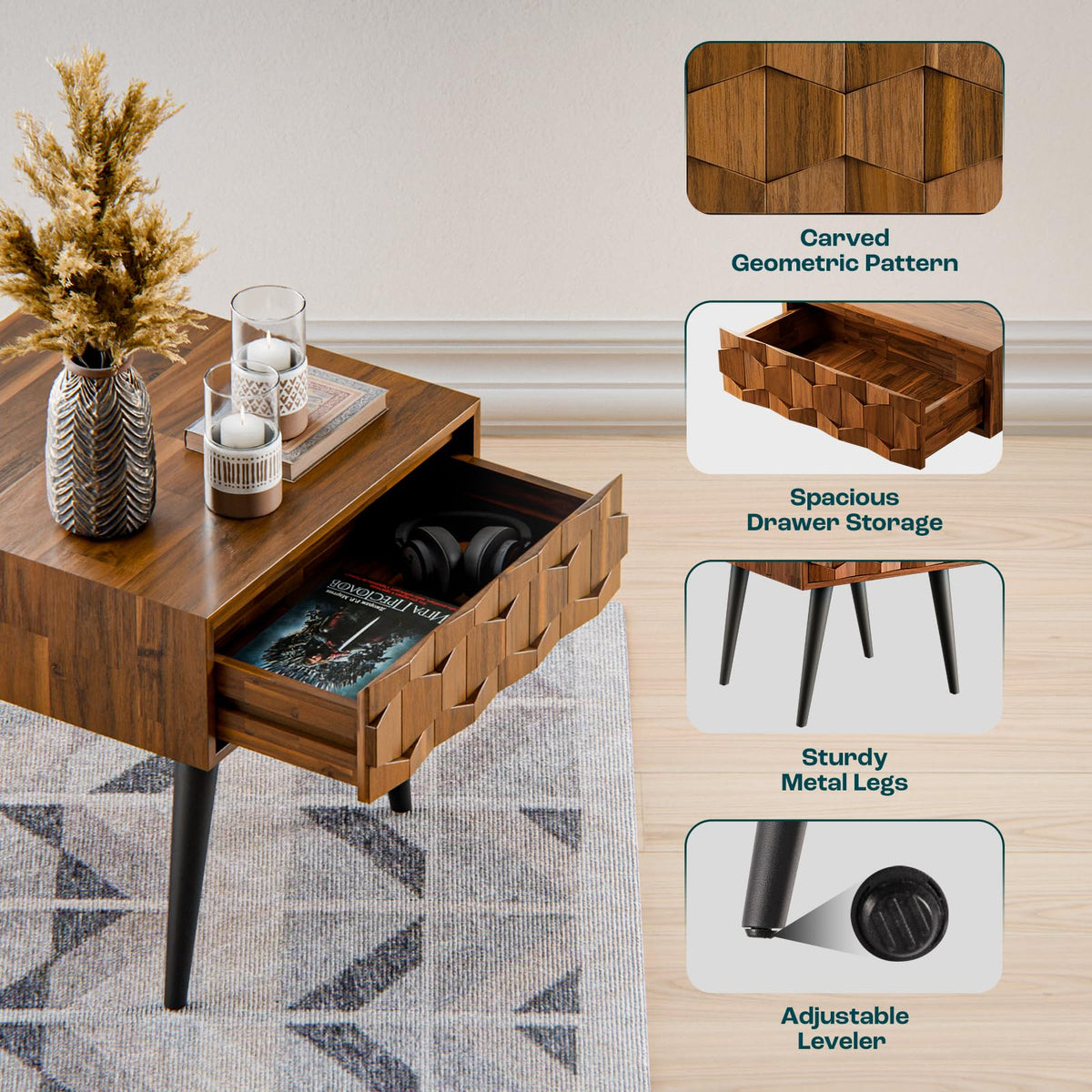 Georgina 1-drawer side table designed with dark chocolate finish and sofa-side or bedside table for living room placement