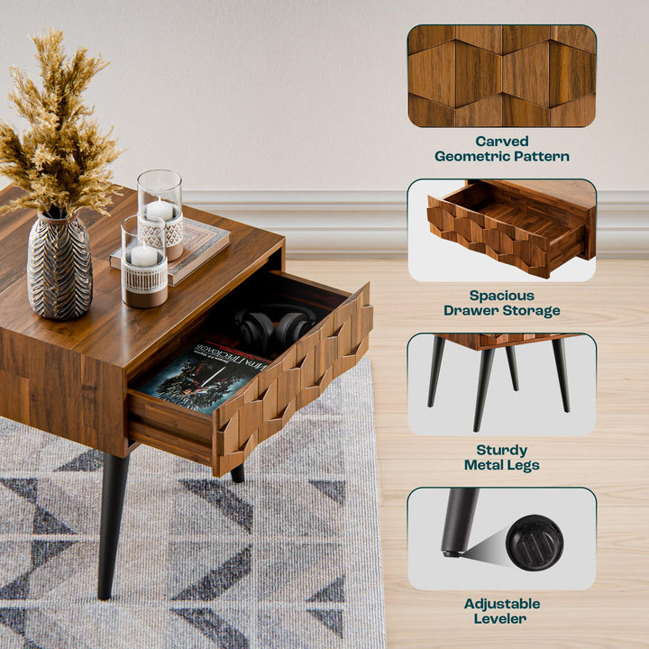 Georgina 1-drawer side table designed with dark chocolate finish and sofa-side or bedside table for living room placement