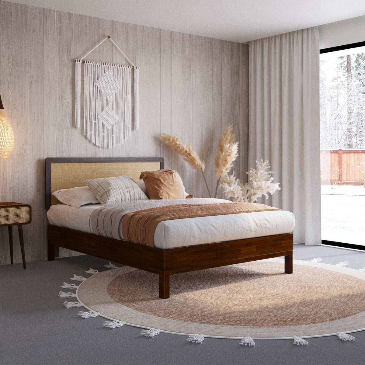 Nipe full platform bed frame, featuring headboard and walnut finish, for a platform bed setup