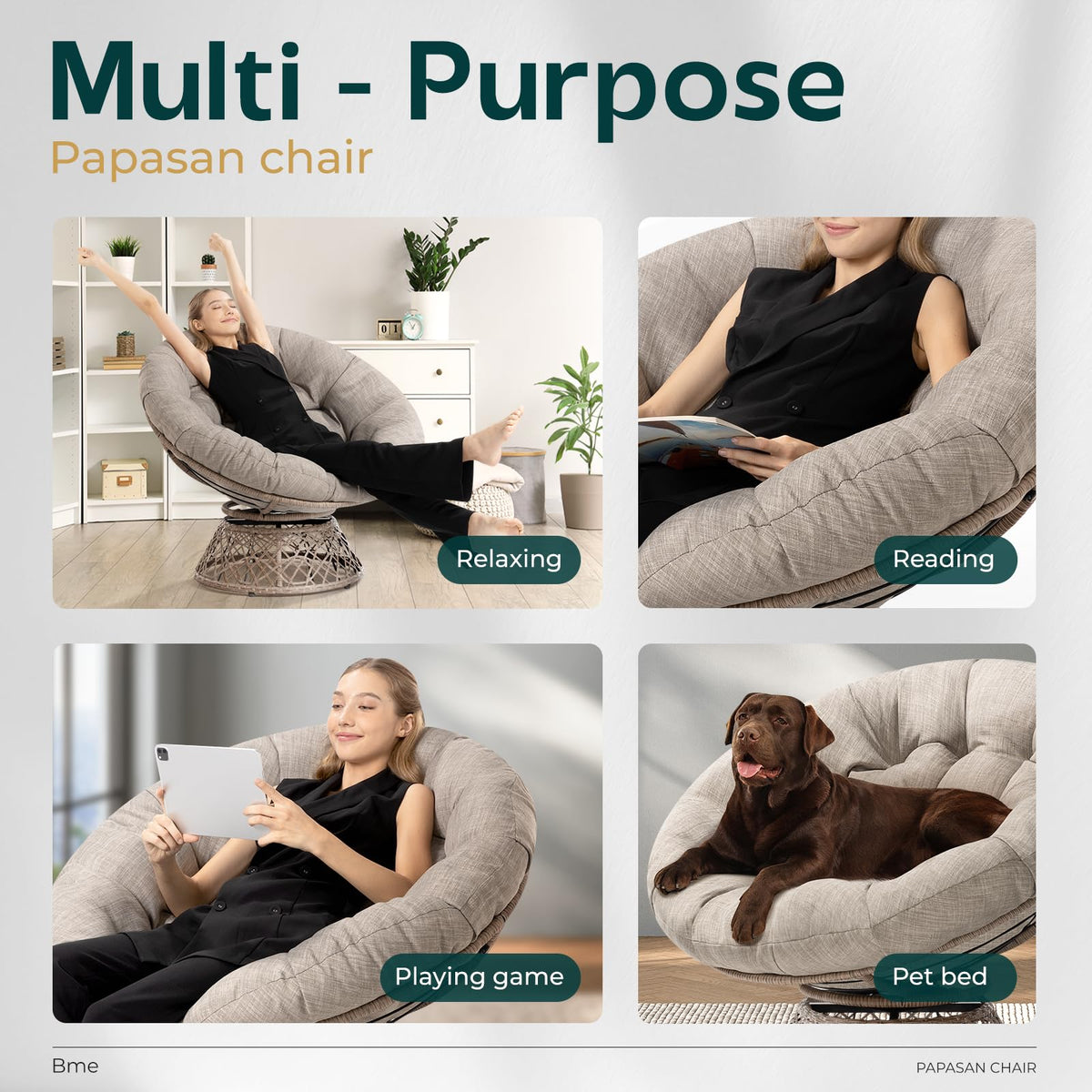 Papasan chair with silver cloud cushion and brown frame; for reading and resting