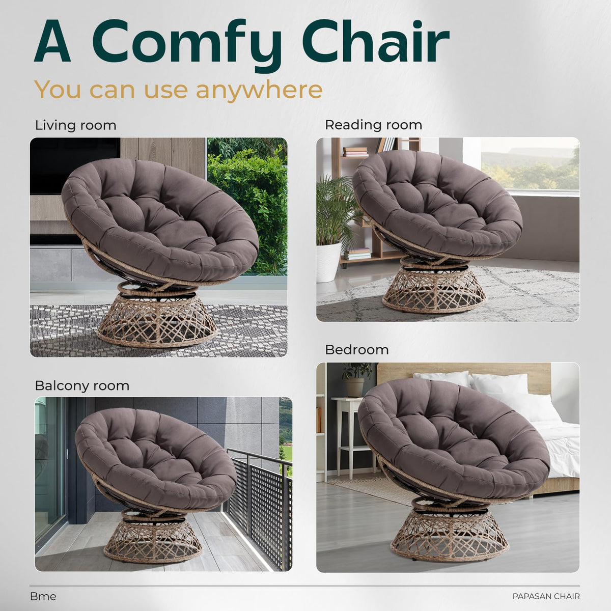 Papasan chair, featuring smoky quartz cushion and brown frame, for a lounge area