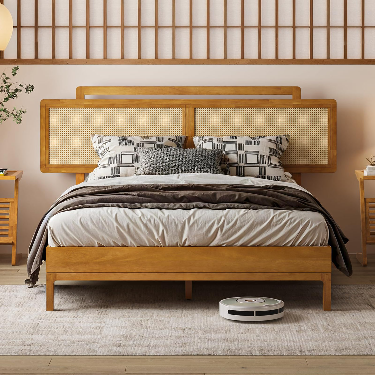 Neil queen platform bed frame with teak brown finish for bedroom setup
