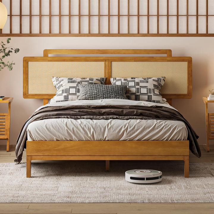 Neil queen platform bed frame with teak brown finish for bedroom setup