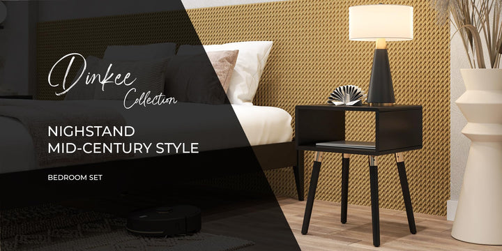 Dinkee nightstand with black finish and bedside storage; for everyday bedside use