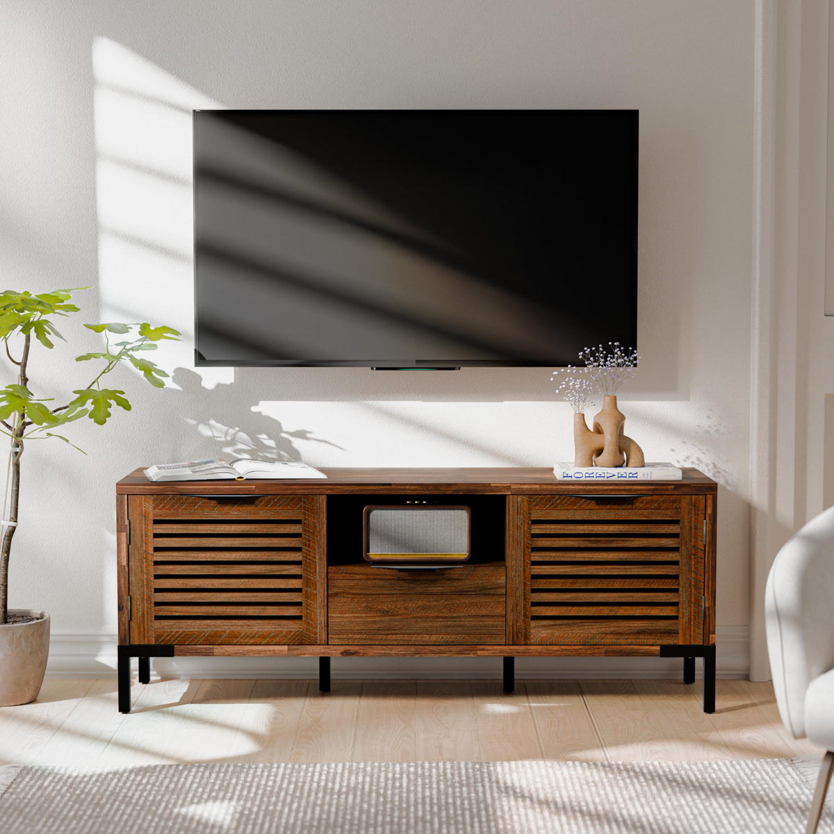 Millie TV stand with rustic chestnut finish and media storage for media storage