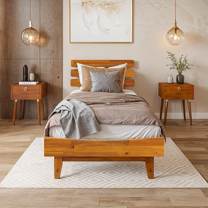 Caden twin platform bed frame with headboard and caramel finish for bedroom setup