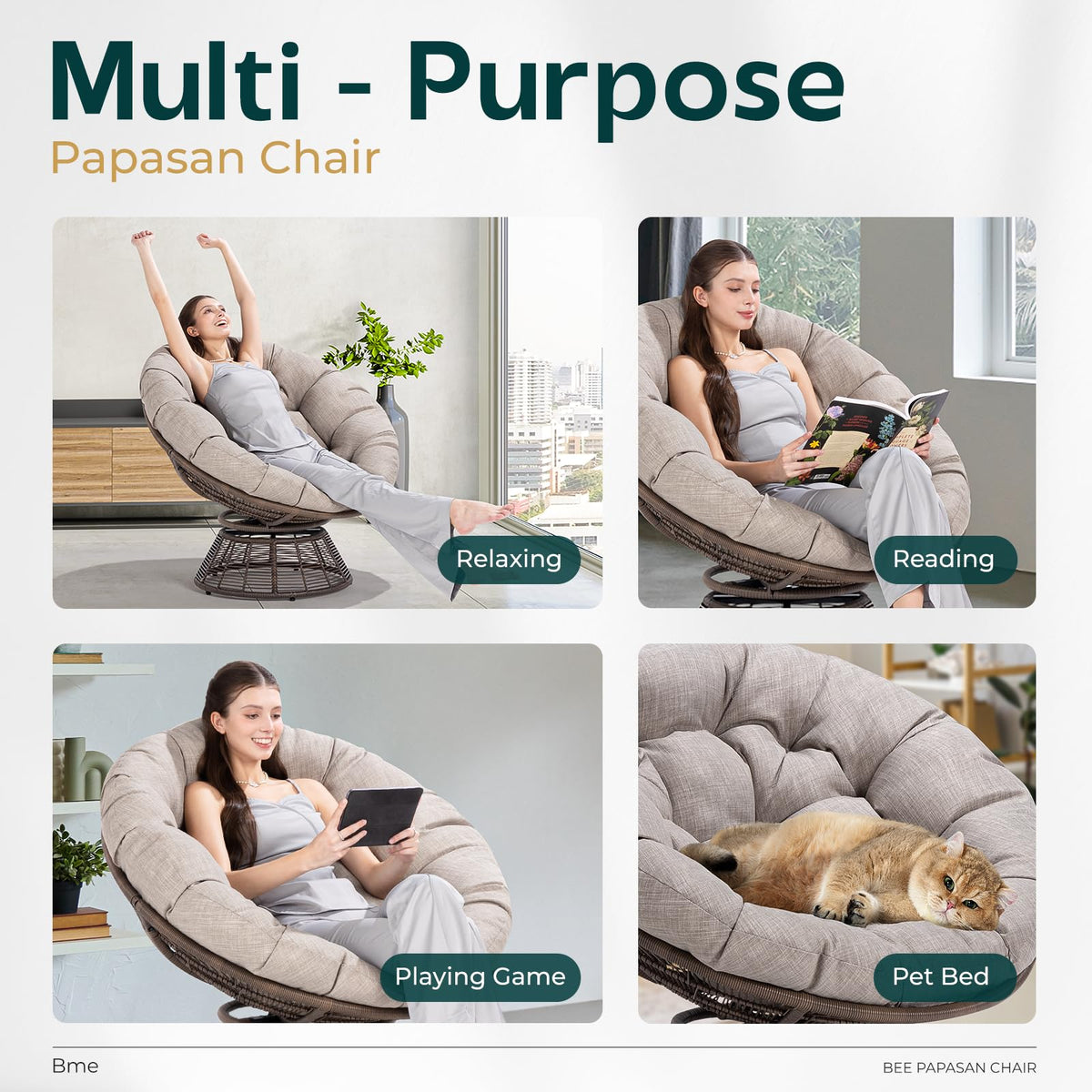 Bee papasan chair with silver cloud cushion and brown frame; for reading and resting
