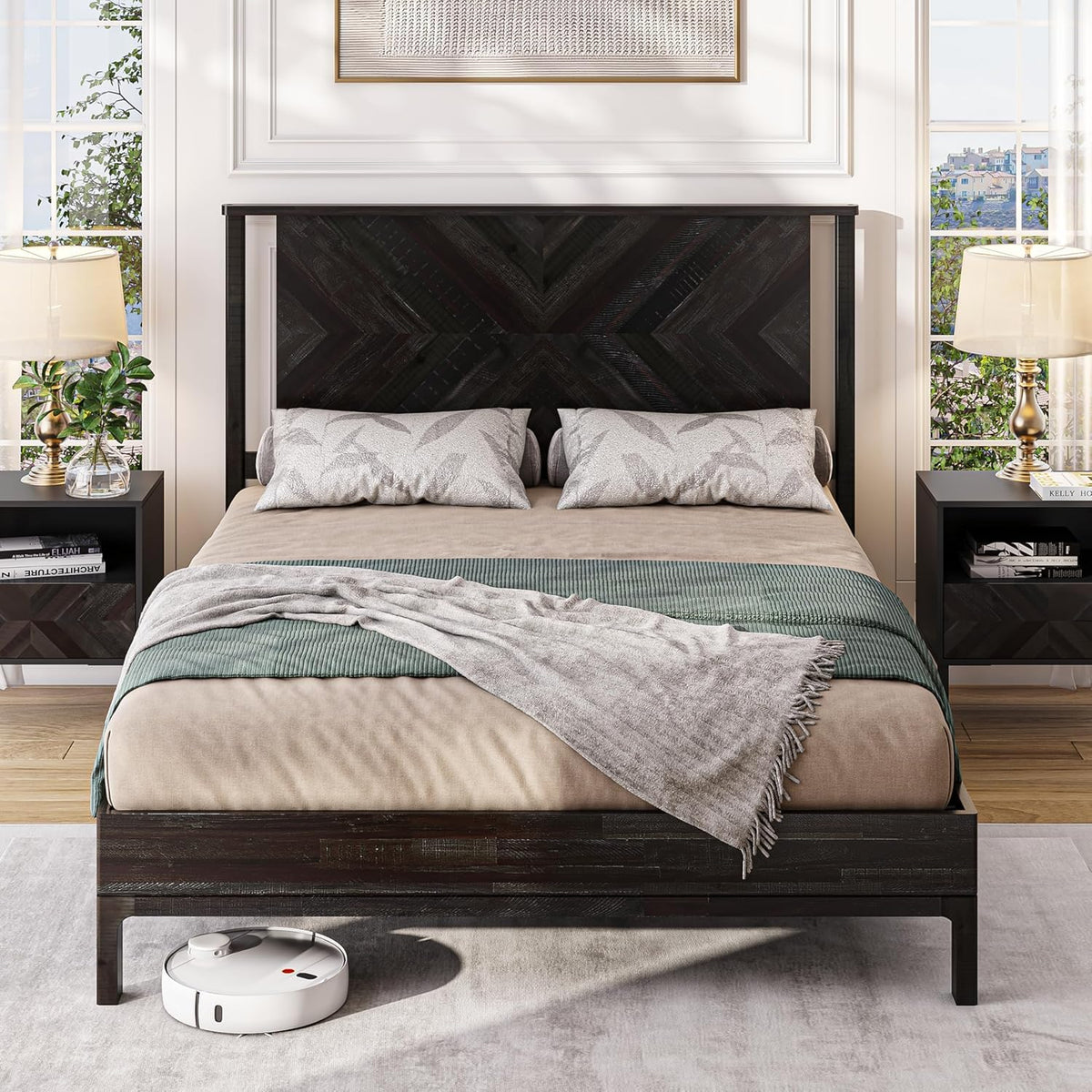 Vivian queen platform bed frame with headboard, acacia wood, and rustic black finish for bedroom setup