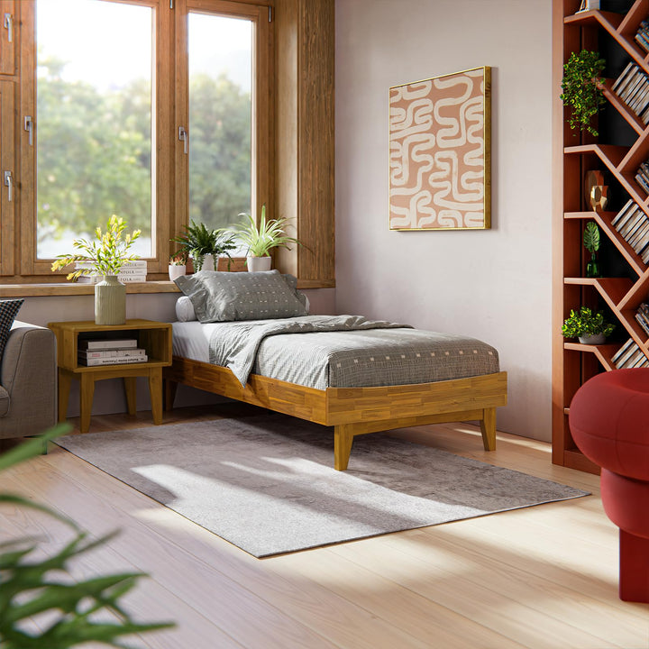 Catherine twin platform bed frame, featuring teak brown finish, for a platform bed setup