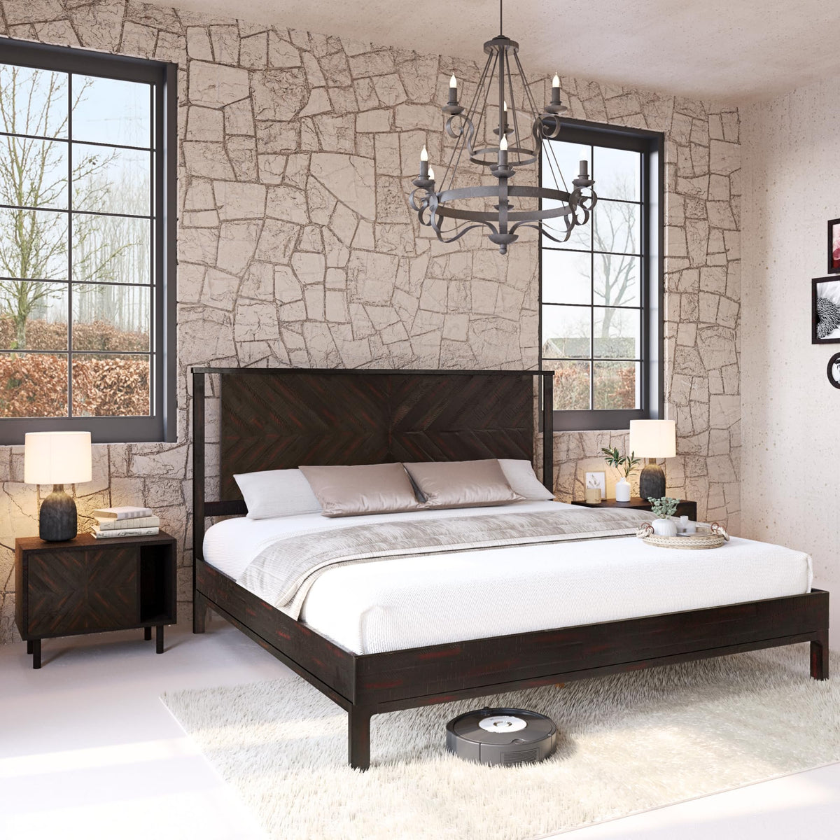 Vivian king platform bed frame designed with headboard, acacia wood, and rustic black finish for a coordinated sleep space