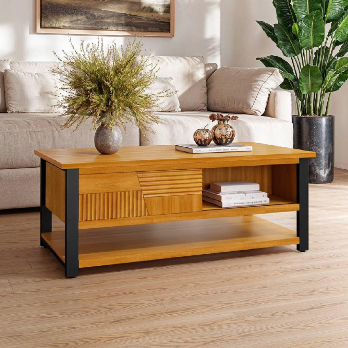 Trapeze coffee table with teak brown finish and living room table for living room use