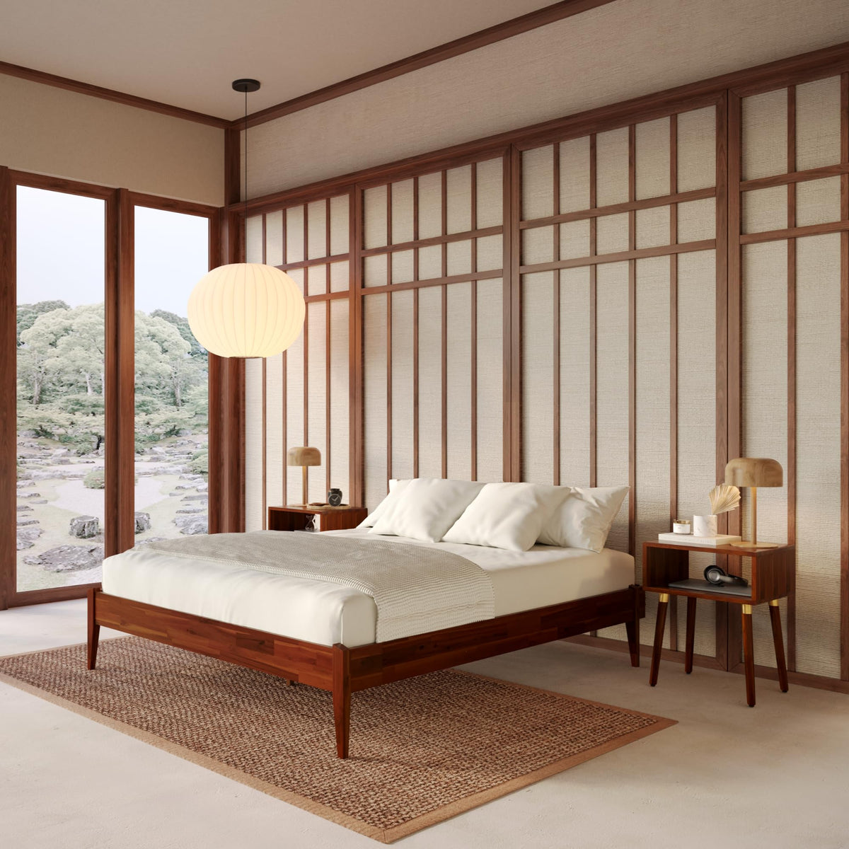 Dinkee queen platform bed frame, featuring headboard- design and dark chocolate finish, for a platform bed setup