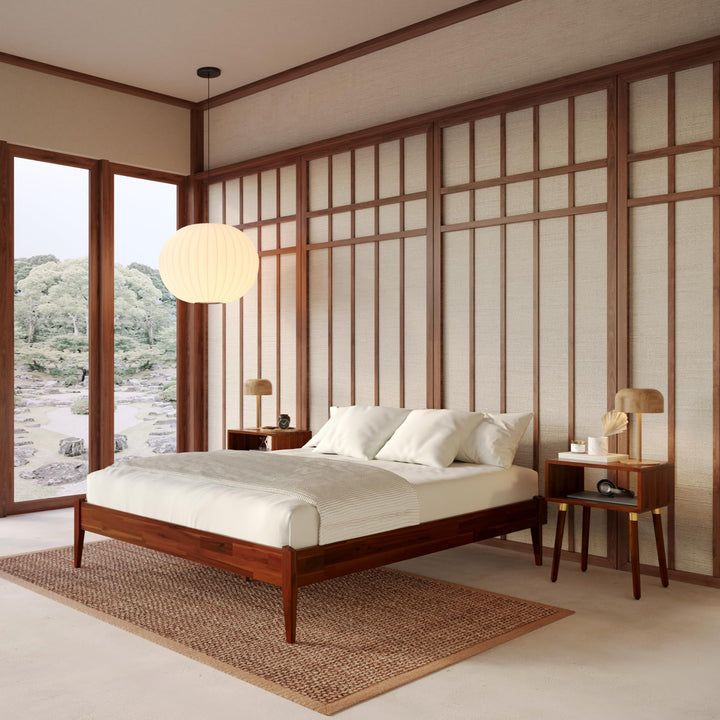Dinkee queen platform bed frame, featuring headboard- design and dark chocolate finish, for a platform bed setup