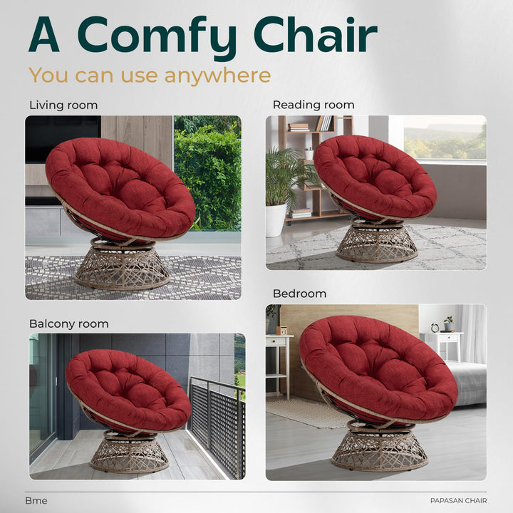 Papasan chair, featuring cherry sangria cushion and brown frame, for a lounge area