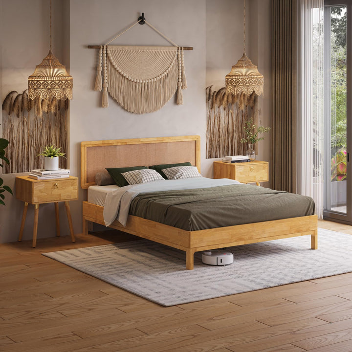 Nipe queen platform bed frame, featuring headboard, solid rubber wood, and light natural finish, for a platform bed setup