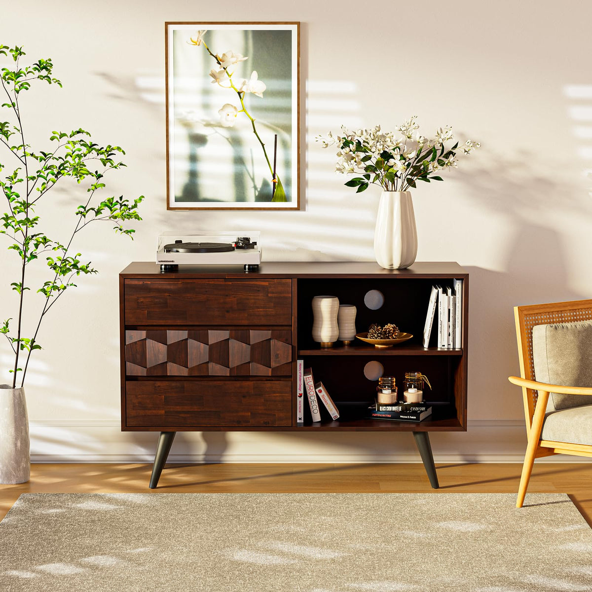 Georgina TV stand with 3-drawer, walnut finish, and media storage for entertainment devices