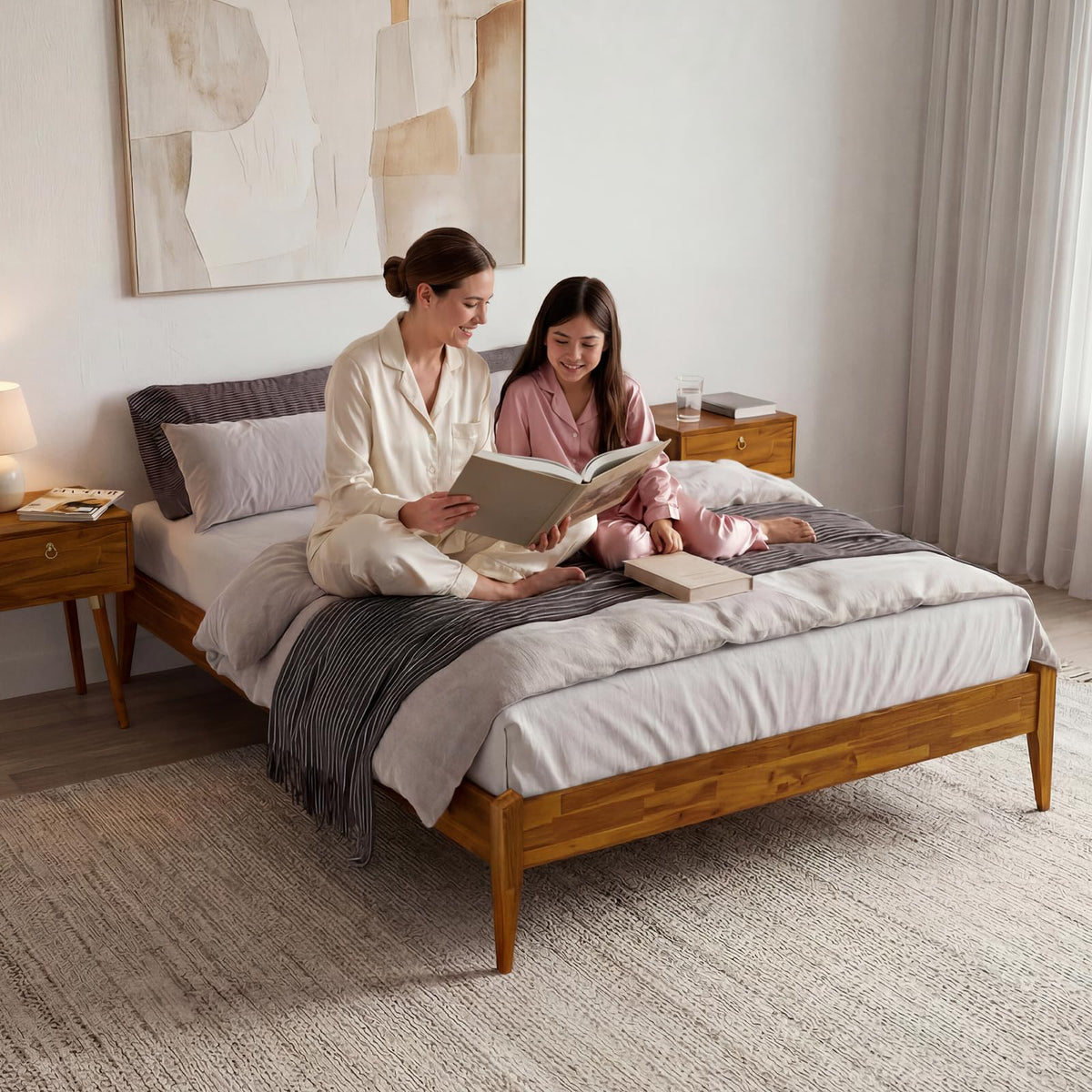 Dinkee queen platform bed frame with headboard- design and caramel finish; for coordinated bed furniture