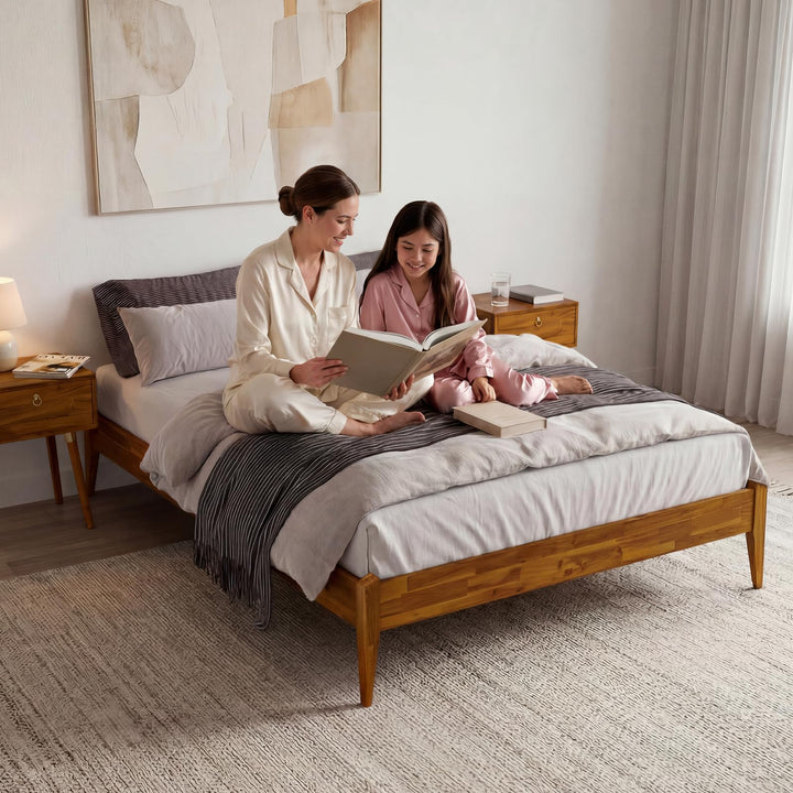 Dinkee queen platform bed frame with headboard- design and caramel finish; for coordinated bed furniture