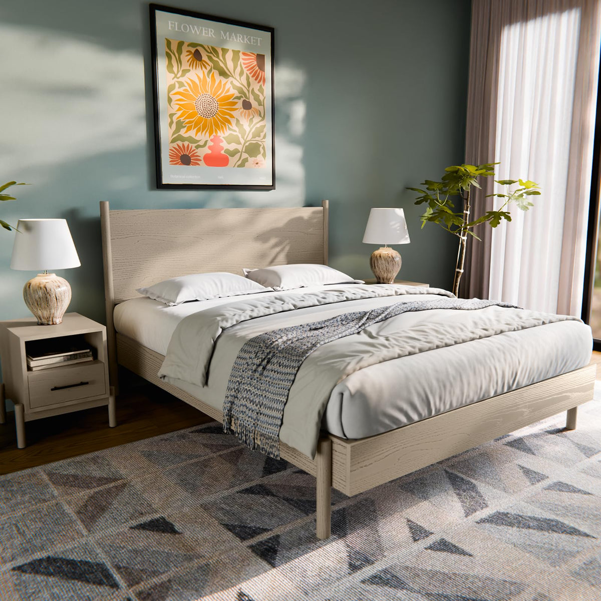 Lyra queen platform bed frame with light grey finish for bedroom setup