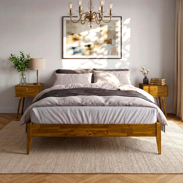 Dinkee queen platform bed frame with headboard- design and caramel finish for bedroom setup