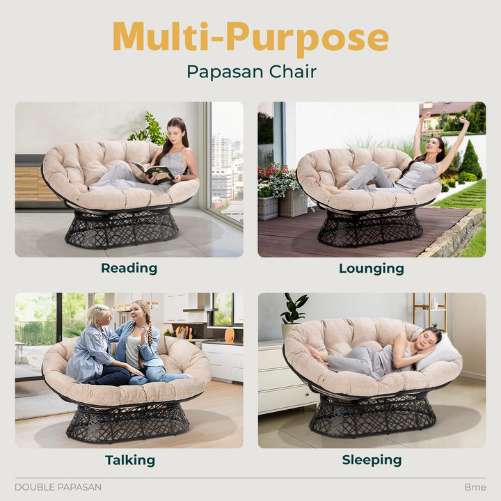 Metal double papasan chair with black cushion, black frame, and double-seat design for casual indoor seating
