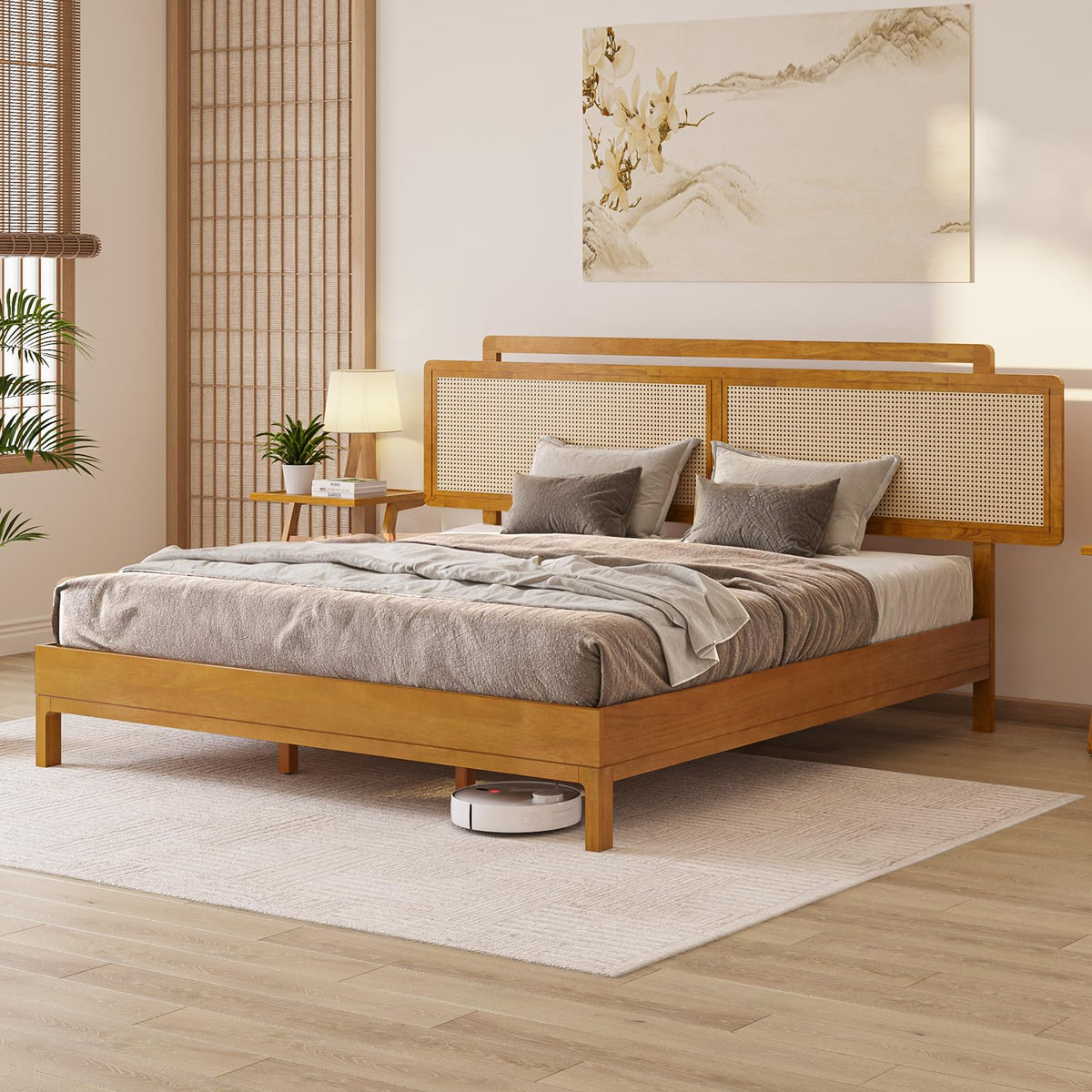 Neil king platform bed frame, featuring teak brown finish, for mattress placement
